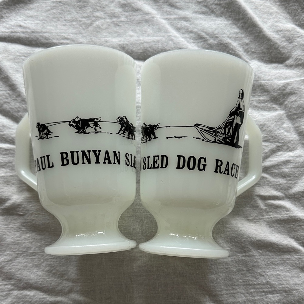 Vintage White Sled Dog Race Mugs